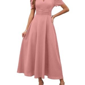 Shasmi Girl's & Women's Solid Color V-Neck A-Line Maxi Dress for Women | New Year Party Outfit | Waist Cinched Puff Sleeve Western | Elegant Casual Wear (Dress 246)